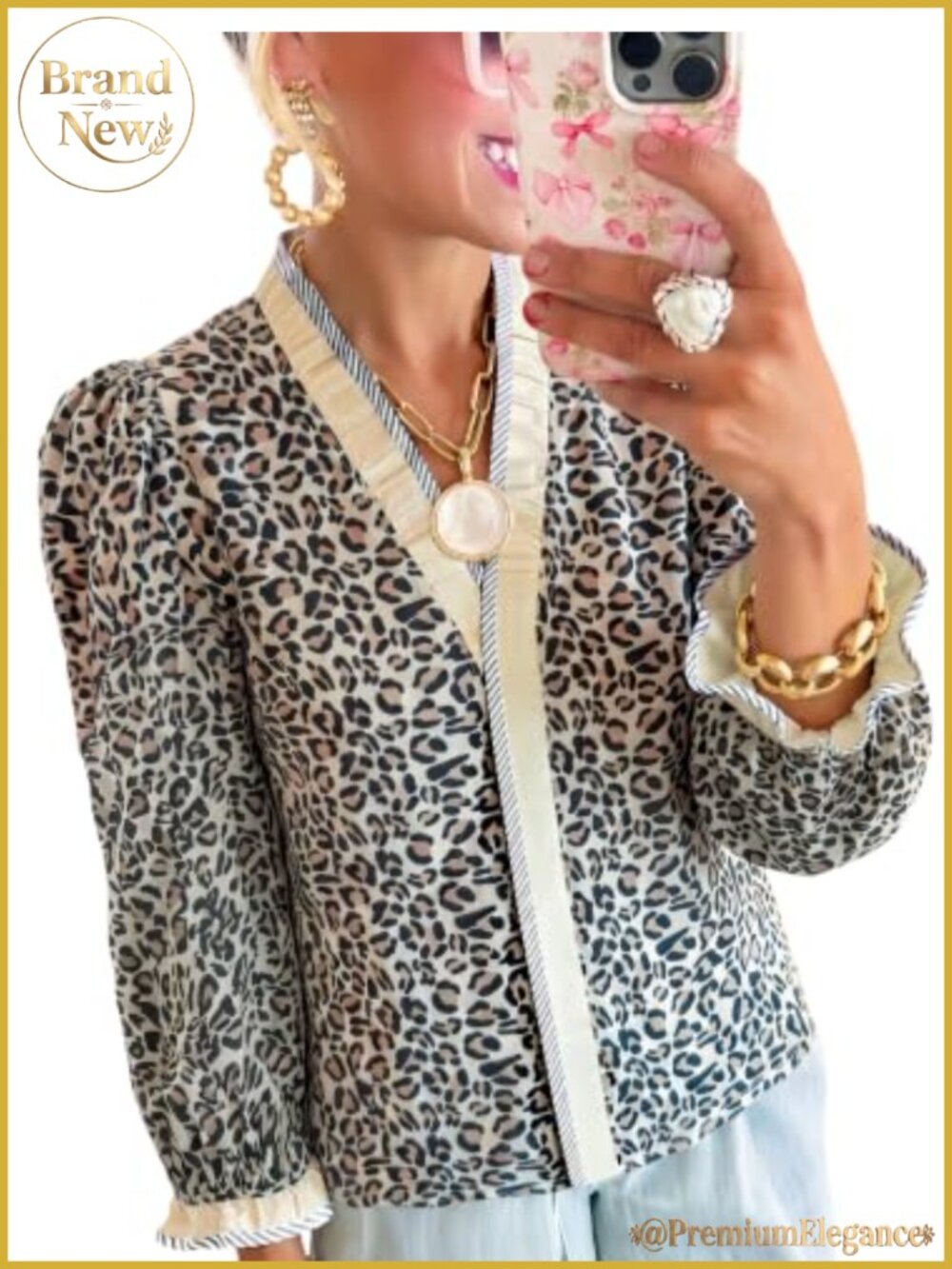 Womens Floral Animal Print Ruffle V-Neck Puff Sleeve Button Blouse Top